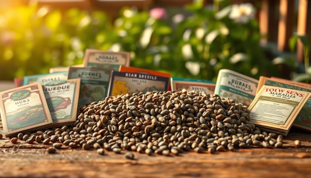 A bountiful array of seeds in a warm, earthy hue, artfully arranged on a rustic wooden surface. The foreground features a diverse selection of vibrant seed packets, each with distinctive patterns and typography that catch the eye. In the middle ground, a scattering of individual seeds in shades of brown, gray, and green, cascading across the frame. The background is softly blurred, hinting at a backdrop of lush greenery, perhaps a garden or greenhouse, creating a sense of natural abundance. Soft, directional lighting casts subtle shadows, adding depth and dimension to the scene. The overall mood is one of abundance, productivity, and the promise of growth, perfectly capturing the essence of a strategic seeds and fertilizer approach in Stardew Valley.