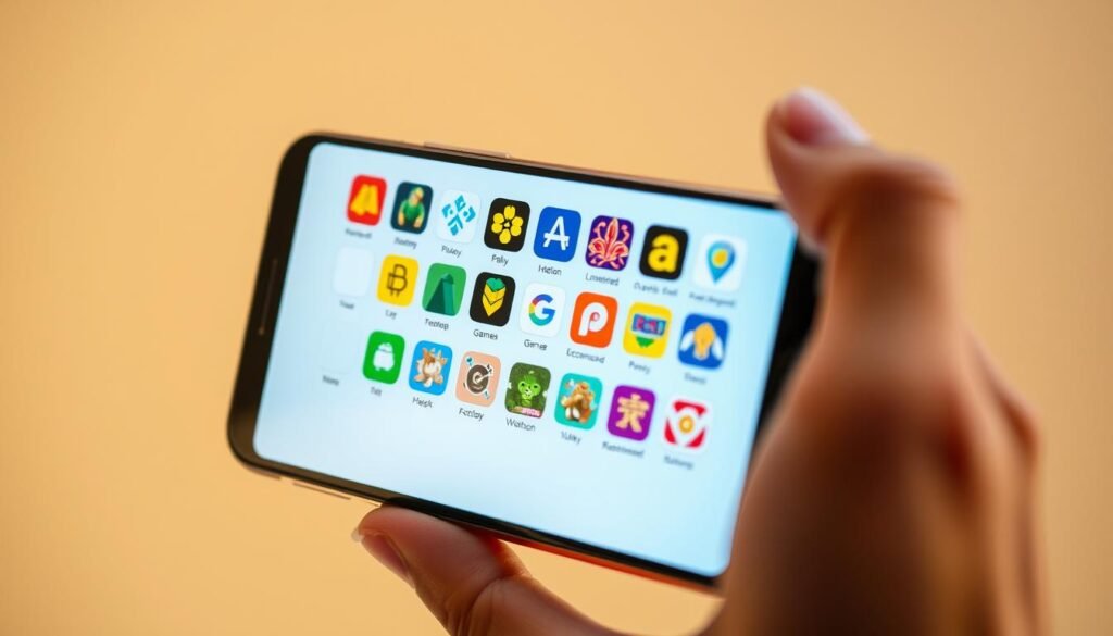 A bright and vibrant scene of a smartphone display, its screen showcasing an array of captivating gaming app icons. The device is held in a relaxed hand, framed by a clean, minimalist background that allows the apps to take center stage. Warm, natural lighting bathes the scene, creating a sense of calm and inviting the viewer to explore the engaging mobile gaming experience. The icons are crisp, colorful, and meticulously detailed, hinting at the diverse range of gaming genres and experiences available at the user's fingertips. A subtle sense of interactivity and tactile engagement emanates from the composition, drawing the viewer in and suggesting the potential for effortless entertainment and passive income on the go.