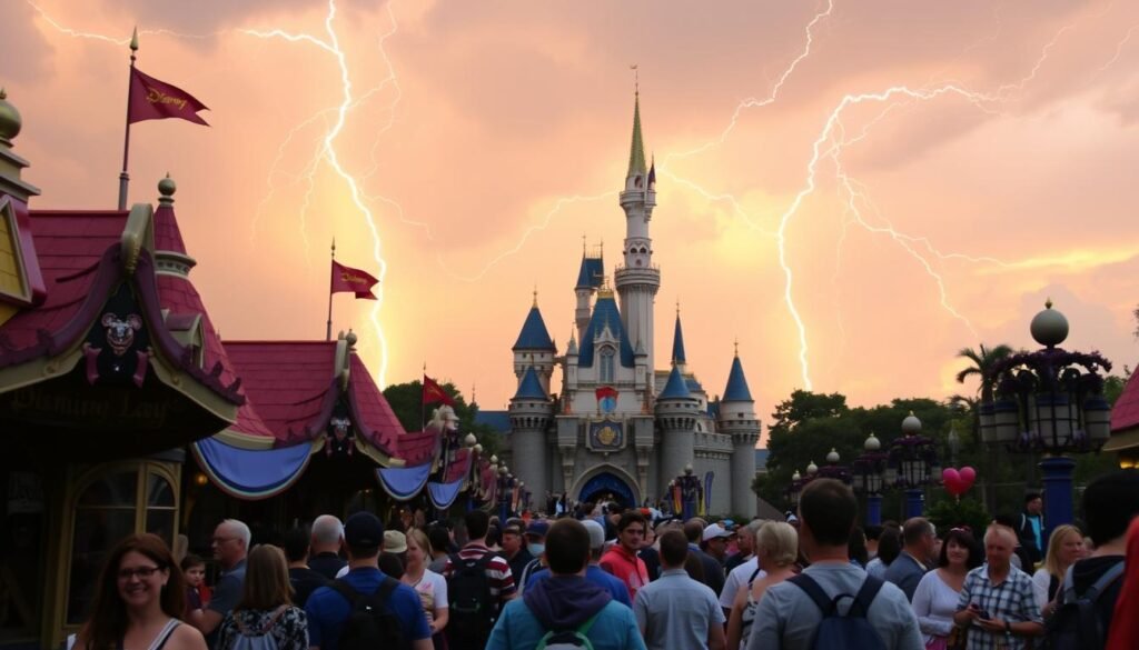 A bustling Disneyland scene, showcasing the premium Lightning Lane experience. In the foreground, visitors eagerly queue at the dedicated entry, their expressions a mix of excitement and anticipation. The middle ground features the iconic Disney architecture, with vibrant colors and intricate details. In the background, the iconic Sleeping Beauty Castle stands tall, its spires reaching towards a sky filled with dramatic, cinematic lighting - a mixture of warm golden hues and powerful bolts of lightning crackling across the clouds. The overall atmosphere conveys a sense of exclusivity, wonder, and the magic of the Disney theme park experience. A bustling Disneyland scene, showcasing the premium Lightning Lane experience. In the foreground, visitors eagerly queue at the dedicated entry, their expressions a mix of excitement and anticipation. The middle ground features the iconic Disney architecture, with vibrant colors and intricate details. In the background, the iconic Sleeping Beauty Castle stands tall, its spires reaching towards a sky filled with dramatic, cinematic lighting - a mixture of warm golden hues and powerful bolts of lightning crackling across the clouds. The overall atmosphere conveys a sense of exclusivity, wonder, and the magic of the Disney theme park experience.