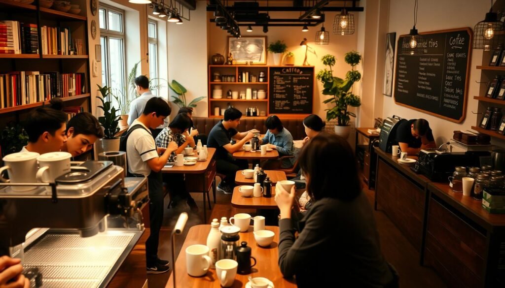 A bustling coffee shop interior, bathed in warm, soft lighting. In the foreground, baristas expertly craft lattes and espressos, their movements precise and efficient. The middle ground features customers seated at small tables, deep in conversation over steaming mugs. The background showcases the café's cozy ambiance, with bookshelves, potted plants, and a chalkboard menu board. The overall atmosphere conveys a sense of productivity, community, and the professional labor that goes into creating the perfect cup of coffee.