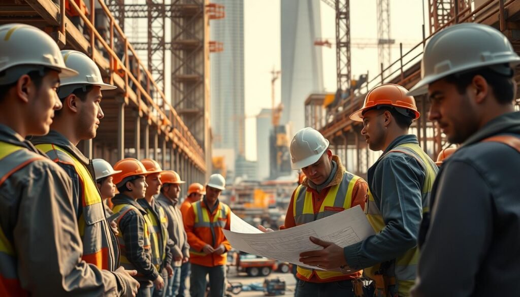 A bustling construction site, with workers in hard hats navigating intricate scaffolding and machinery. In the foreground, a group of apprentices learn hands-on skills, their faces filled with determination. The middle ground showcases a technician inspecting blueprints, surrounded by a variety of tools and equipment. In the background, a towering skyscraper rises, symbolizing the potential for career growth and success. Warm, natural lighting illuminates the scene, creating a sense of productivity and opportunity. The overall atmosphere conveys the tangible, practical training paths that can lead to lucrative, in-demand trades.