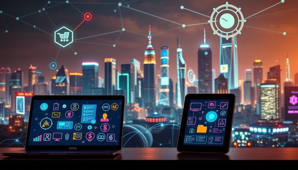 A bustling digital landscape, with various online income streams represented as vibrant icons and symbols. In the foreground, a laptop, smartphone, and tablet, their screens showcasing different "hustles" like e-commerce, freelancing, affiliate marketing, and online surveys. In the middle ground, a network of virtual connections, represented by pulsing lines and geometric shapes. In the background, a futuristic cityscape of skyscrapers and neon-lit digital infrastructure. Lighting is a mix of warm, ambient tones and cool, electric accents, creating an energetic, almost cyberpunk atmosphere. The overall composition conveys the diverse and dynamic nature of modern online income opportunities.