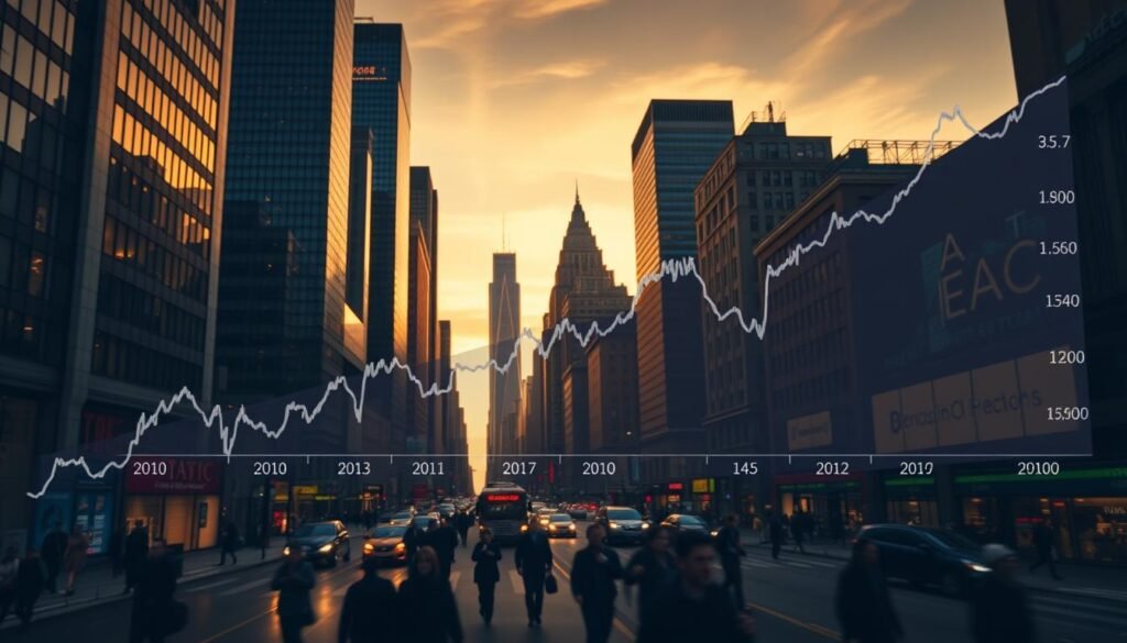 A bustling financial district at dusk, with skyscrapers silhouetted against a warm, golden sky. In the foreground, a dynamic stock chart depicting the ebb and flow of the market cycle - peaks and valleys, upward and downward trends. The chart is overlaid with key labels, representing the "A, B, C" years of the market cycle. A sense of movement and energy pervades the scene, as pedestrians hurry along the streets and the rhythm of the city pulsates. The lighting is cinematic, with dramatic shadows and highlights emphasizing the drama of the market's rise and fall. The overall impression is one of the cyclical nature of financial markets, and the opportunities that arise during the different phases of the market cycle. A bustling financial district at dusk, with skyscrapers silhouetted against a warm, golden sky. In the foreground, a dynamic stock chart depicting the ebb and flow of the market cycle - peaks and valleys, upward and downward trends. The chart is overlaid with key labels, representing the "A, B, C" years of the market cycle. A sense of movement and energy pervades the scene, as pedestrians hurry along the streets and the rhythm of the city pulsates. The lighting is cinematic, with dramatic shadows and highlights emphasizing the drama of the market's rise and fall. The overall impression is one of the cyclical nature of financial markets, and the opportunities that arise during the different phases of the market cycle.