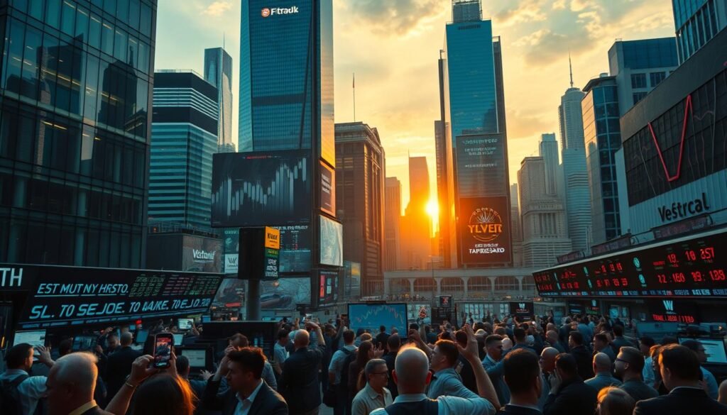 A bustling financial district in the heart of a modern metropolis, with towering skyscrapers and neon-lit billboards reflecting off the sleek glass facades. In the foreground, a sea of traders and investors gesticulate animatedly, their expressions a mix of concentration and anticipation as they study stock charts and financial data projected on large holographic displays. The middle ground is dominated by a massive electronic ticker board, its scrolling numbers and color-coded indicators pulsing with the rhythm of the market. In the background, a panoramic view of the city skyline, the setting sun casting a warm, golden glow over the entire scene, hinting at the promise of growth and prosperity. Cinematic lighting and a shallow depth of field create a sense of dynamism and immediacy, capturing the energy and excitement of the financial world. A bustling financial district in the heart of a modern metropolis, with towering skyscrapers and neon-lit billboards reflecting off the sleek glass facades. In the foreground, a sea of traders and investors gesticulate animatedly, their expressions a mix of concentration and anticipation as they study stock charts and financial data projected on large holographic displays. The middle ground is dominated by a massive electronic ticker board, its scrolling numbers and color-coded indicators pulsing with the rhythm of the market. In the background, a panoramic view of the city skyline, the setting sun casting a warm, golden glow over the entire scene, hinting at the promise of growth and prosperity. Cinematic lighting and a shallow depth of field create a sense of dynamism and immediacy, capturing the energy and excitement of the financial world.