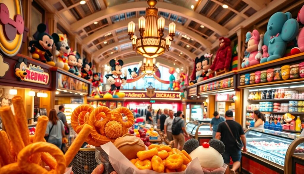 A bustling food court at Disneyland, with an array of delectable dishes and enticing merchandise displays. In the foreground, close-up shots of vibrant, mouthwatering treats like churros, Mickey-shaped pretzels, and ice cream treats. In the middle ground, diverse food stalls and counters showcasing an extensive menu of classic Disney favorites. The background features themed merchandise shops, with shelves brimming with plush toys, apparel, and collectibles that capture the magic of the park. Warm, inviting lighting casts a golden glow, and the scene is shot from a slightly elevated angle to capture the energy and scale of this additive spending experience. A bustling food court at Disneyland, with an array of delectable dishes and enticing merchandise displays. In the foreground, close-up shots of vibrant, mouthwatering treats like churros, Mickey-shaped pretzels, and ice cream treats. In the middle ground, diverse food stalls and counters showcasing an extensive menu of classic Disney favorites. The background features themed merchandise shops, with shelves brimming with plush toys, apparel, and collectibles that capture the magic of the park. Warm, inviting lighting casts a golden glow, and the scene is shot from a slightly elevated angle to capture the energy and scale of this additive spending experience.