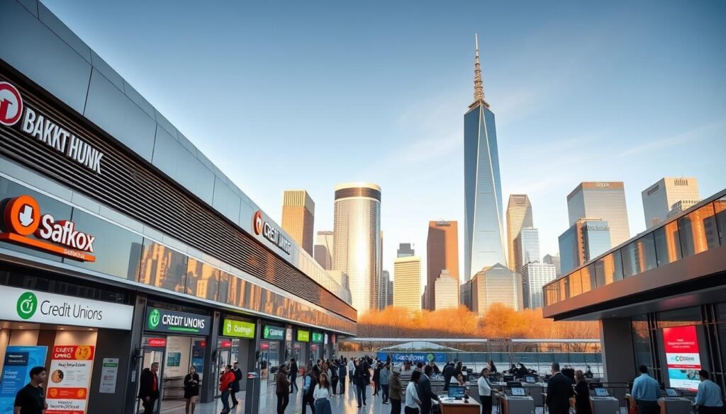 A bustling modern banking hub, with a sleek and sophisticated architectural design. The foreground features the facades of several banks and credit unions, their logos and signage prominently displayed. The middle ground showcases a busy lobby filled with customers, tellers, and financial advisors going about their daily transactions. In the background, a towering skyline of gleaming skyscrapers and high-rise office buildings creates a dynamic urban landscape, bathed in warm, directional lighting that casts dramatic shadows. The overall scene conveys a sense of efficiency, innovation, and the trusted partnership between financial institutions and their customers.