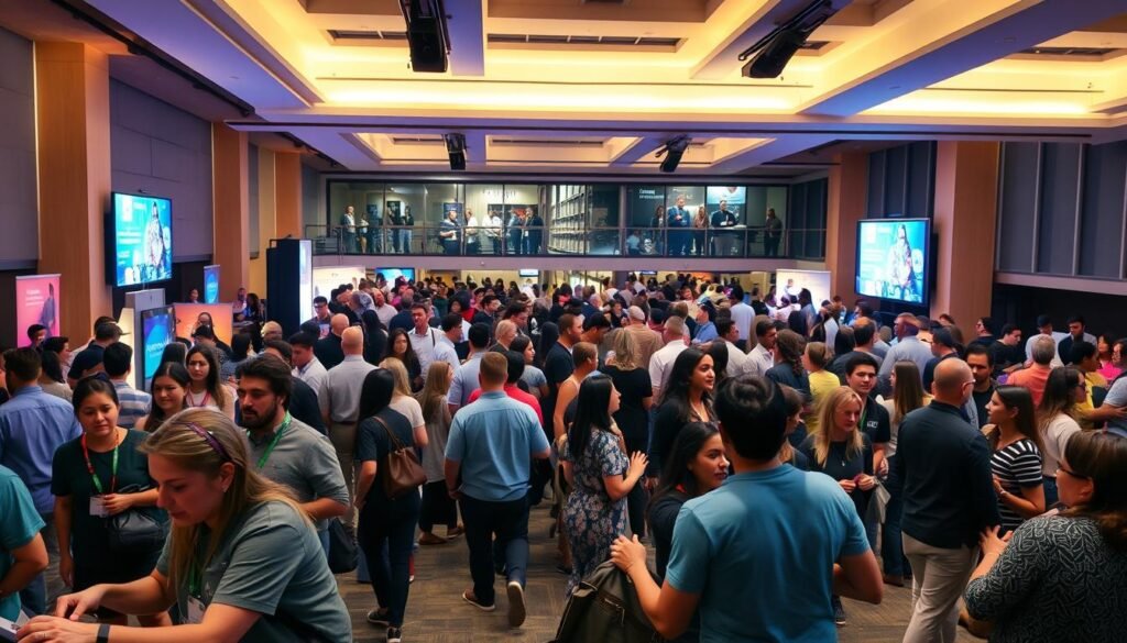 A bustling nonprofit event space, softly lit with warm overhead lighting and filled with an engaged crowd. In the foreground, a team of volunteers coordinate activities, their faces alight with energy and purpose. In the middle ground, attendees mingle and network, animated conversations flowing between them. The background features vibrant event displays, sleek presentation screens, and a backdrop of modern architecture that sets the stage for this dynamic community gathering. An atmosphere of productivity, connection, and purpose pervades the scene, capturing the spirit of a nonprofit event that energizes the team and supports the organization's mission.