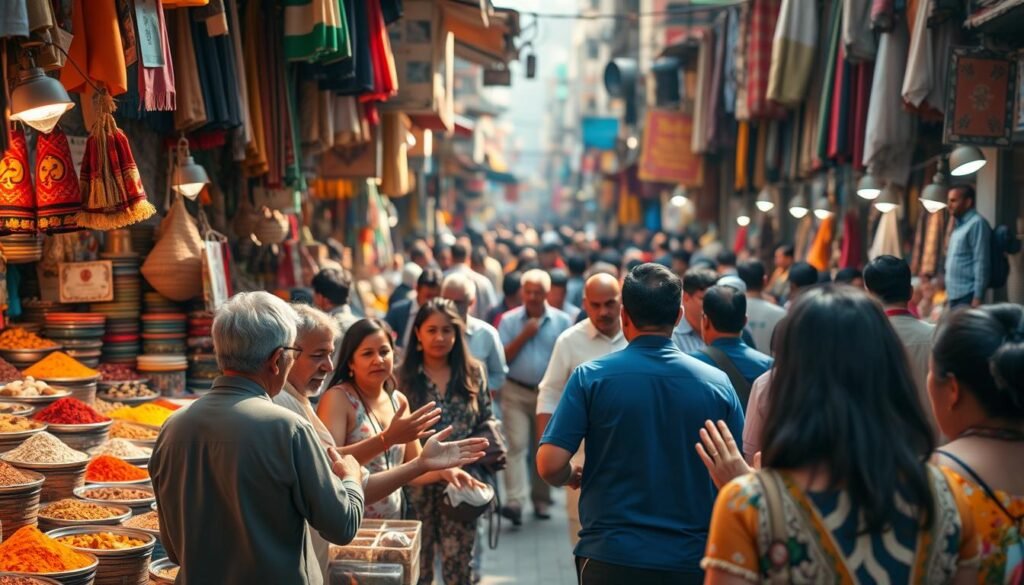 A bustling street scene in a vibrant urban marketplace, with a diverse array of merchants showcasing their wares. In the foreground, a group of lively vendors haggle and barter, their hands gesturing animatedly as they negotiate prices. Colorful stalls line the middle ground, offering an eclectic mix of textiles, spices, and handcrafted goods. The background is filled with the hustle and bustle of the crowd, creating a dynamic and immersive atmosphere. Warm, natural lighting filters through the scene, casting a soft, inviting glow over the merchants as they engage in the rhythmic ebb and flow of commercial activity.