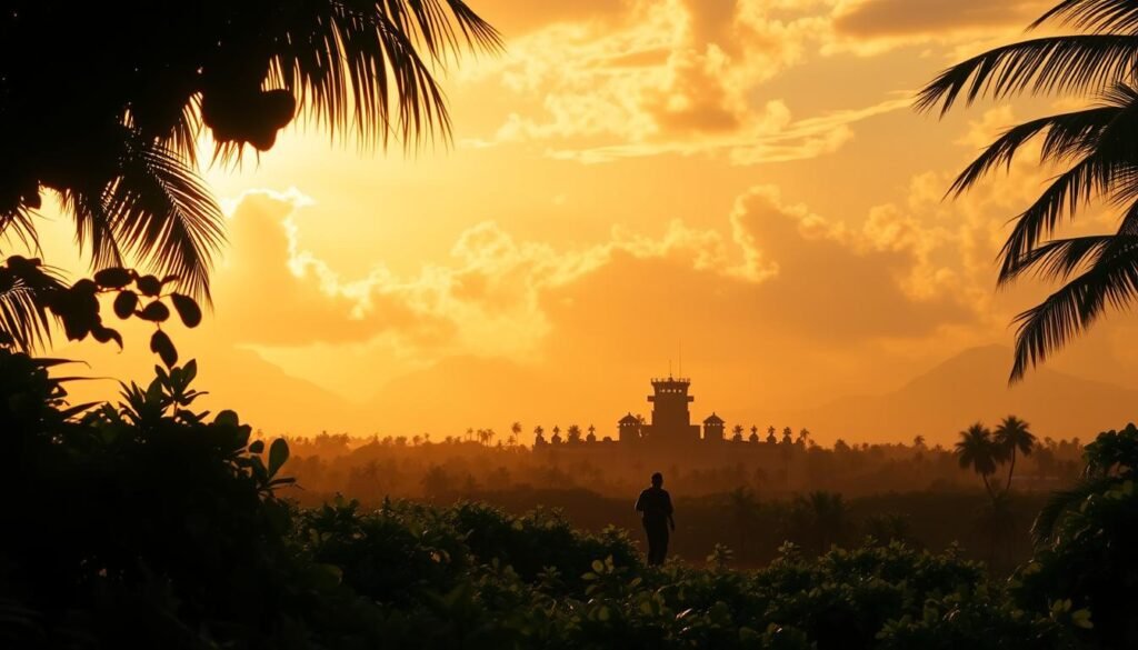 A bustling tropical island setting, Cayo Perico at dusk. In the foreground, a lone infiltrator crouches, carefully navigating the dense foliage, their tactical gear blending seamlessly into the lush environment. In the middle ground, the silhouette of a heavily guarded compound looms, its high walls and security towers casting long shadows across the landscape. The sky above is awash in golden-hued sunlight, casting a warm, cinematic glow over the entire scene. The mood is one of tense anticipation, as the infiltrator prepares to execute a high-stakes heist, their sights set on the lucrative cash reserves hidden within the compound. A wide, cinematic angle captures the full scale of the operation, emphasizing the sense of isolation and the challenge that lies ahead. A bustling tropical island setting, Cayo Perico at dusk. In the foreground, a lone infiltrator crouches, carefully navigating the dense foliage, their tactical gear blending seamlessly into the lush environment. In the middle ground, the silhouette of a heavily guarded compound looms, its high walls and security towers casting long shadows across the landscape. The sky above is awash in golden-hued sunlight, casting a warm, cinematic glow over the entire scene. The mood is one of tense anticipation, as the infiltrator prepares to execute a high-stakes heist, their sights set on the lucrative cash reserves hidden within the compound. A wide, cinematic angle captures the full scale of the operation, emphasizing the sense of isolation and the challenge that lies ahead.