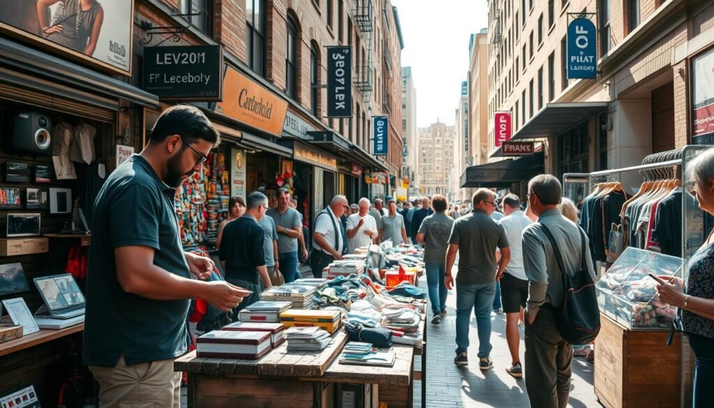 A bustling urban marketplace, sunlight filtering through the stalls and signage. In the foreground, a shopper examines merchandise on a weathered wooden table, haggling with the vendor. Behind them, rows of shops display their wares - electronics, clothes, handcrafted goods. In the middle distance, people mill about, examining products, chatting with friends. In the background, the facades of brick buildings rise up, a mix of modern storefronts and historic architecture. The atmosphere is lively, vibrant, with a sense of opportunity and community. The camera angle is slightly elevated, capturing the dynamism of the scene.