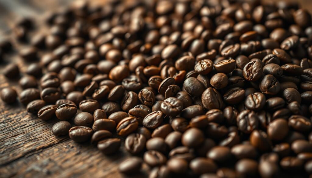 A close-up of freshly roasted coffee beans, meticulously arranged on a rustic wooden surface. The beans glisten with a warm, golden hue, hinting at their rich, aromatic flavor. The lighting is soft and diffused, creating a cozy, inviting atmosphere. The depth of field is shallow, allowing the beans to stand out in crisp detail, while the background is blurred, drawing the viewer's focus to the subject. The composition is balanced and visually appealing, capturing the essence of the coffee bean's transformation from crop to profit.
