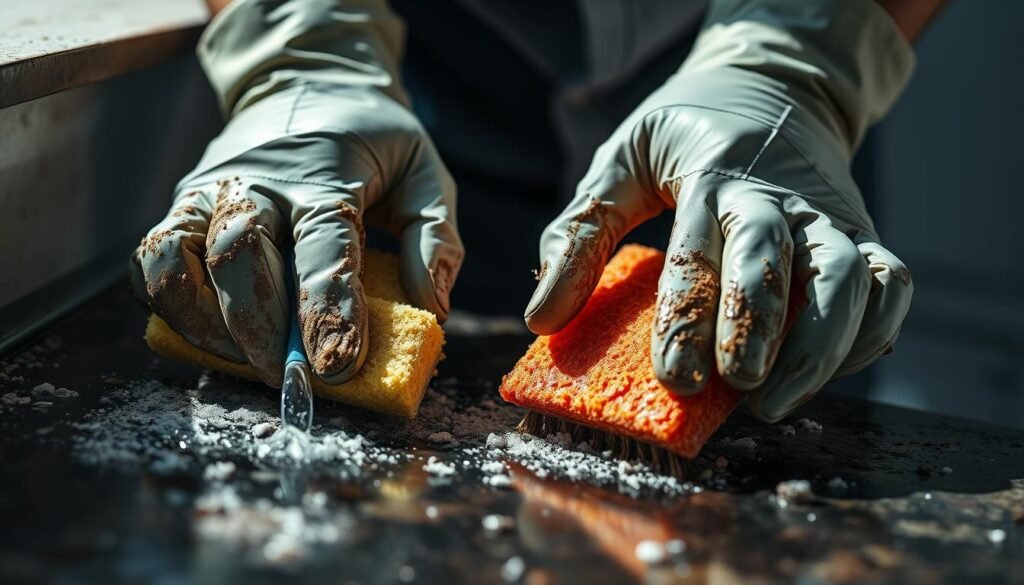 A close-up view of a person's hands diligently scrubbing and cleaning a surface, revealing the grime and stains being removed. The hands are wearing rubber gloves, gripping a sponge and scrub brush. The lighting is bright and direct, casting dramatic shadows that accentuate the texture of the materials being cleaned. The background is blurred, placing the focus entirely on the hands-on cleaning action. The scene conveys a sense of hard work, determination, and the satisfaction of a job well done, capturing the essence of a high-demand "dirty job" that many avoid but that can be quite profitable. A close-up view of a person's hands diligently scrubbing and cleaning a surface, revealing the grime and stains being removed. The hands are wearing rubber gloves, gripping a sponge and scrub brush. The lighting is bright and direct, casting dramatic shadows that accentuate the texture of the materials being cleaned. The background is blurred, placing the focus entirely on the hands-on cleaning action. The scene conveys a sense of hard work, determination, and the satisfaction of a job well done, capturing the essence of a high-demand "dirty job" that many avoid but that can be quite profitable.