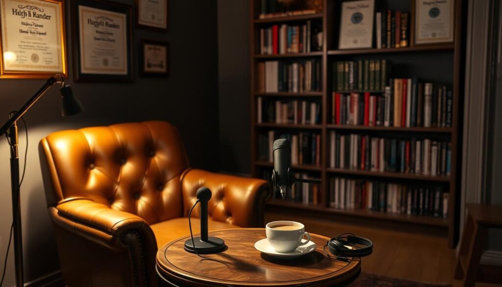 A cozy, dimly lit room with a luxurious leather armchair and a wooden side table. On the table, a high-quality microphone, a premium headset, and a cup of steaming coffee. Soft lighting from a floor lamp casts a warm glow, creating an intimate and inviting atmosphere. The walls are adorned with framed certificates and accolades, hinting at the host's expertise and professionalism. In the background, a bookshelf filled with industry-relevant titles adds a touch of intellectual sophistication. This is the quintessential setup for a premium podcast recording session, where the host's passion and dedication shine through. A cozy, dimly lit room with a luxurious leather armchair and a wooden side table. On the table, a high-quality microphone, a premium headset, and a cup of steaming coffee. Soft lighting from a floor lamp casts a warm glow, creating an intimate and inviting atmosphere. The walls are adorned with framed certificates and accolades, hinting at the host's expertise and professionalism. In the background, a bookshelf filled with industry-relevant titles adds a touch of intellectual sophistication. This is the quintessential setup for a premium podcast recording session, where the host's passion and dedication shine through.