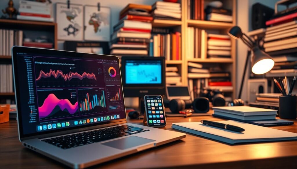 A cozy home office, brimming with the tools of the digital trade. In the foreground, a laptop screen displays vibrant, tasteful visuals - an array of graphs, charts, and analytics dashboards. Soft, diffused lighting casts a warm glow, creating an atmosphere of productivity and entrepreneurial spirit. The middle ground features a strategically positioned smartphone, its screen showcasing social media platforms and online content creation tools. In the background, shelves overflow with neatly organized books and professional accessories, hinting at the wealth of knowledge and expertise that fuels this digital endeavor. The overall scene conveys a sense of hustle, innovation, and the savvy monetization of online content without compromising one's privacy or personal brand. A cozy home office, brimming with the tools of the digital trade. In the foreground, a laptop screen displays vibrant, tasteful visuals - an array of graphs, charts, and analytics dashboards. Soft, diffused lighting casts a warm glow, creating an atmosphere of productivity and entrepreneurial spirit. The middle ground features a strategically positioned smartphone, its screen showcasing social media platforms and online content creation tools. In the background, shelves overflow with neatly organized books and professional accessories, hinting at the wealth of knowledge and expertise that fuels this digital endeavor. The overall scene conveys a sense of hustle, innovation, and the savvy monetization of online content without compromising one's privacy or personal brand.