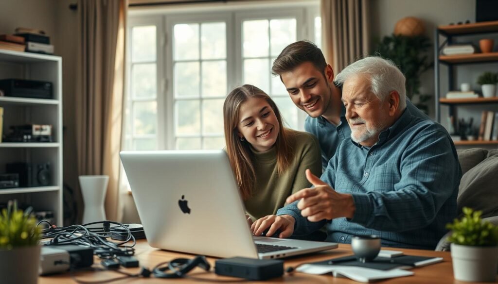 A cozy home office setting, featuring a young person providing tech services to an elderly client. The foreground shows the duo collaborating over a laptop, with the younger person patiently explaining concepts. The middle ground has shelves of electronics, cables, and tools, conveying a sense of technical expertise. The background depicts a warm, inviting living room with natural lighting filtering through large windows, creating a relaxed and welcoming atmosphere. The lighting is soft and diffused, highlighting the intergenerational collaboration and the tech-savvy youth offering their skills to assist an older customer. The overall mood is one of helpfulness, knowledge sharing, and the empowerment of young people's technical abilities. A cozy home office setting, featuring a young person providing tech services to an elderly client. The foreground shows the duo collaborating over a laptop, with the younger person patiently explaining concepts. The middle ground has shelves of electronics, cables, and tools, conveying a sense of technical expertise. The background depicts a warm, inviting living room with natural lighting filtering through large windows, creating a relaxed and welcoming atmosphere. The lighting is soft and diffused, highlighting the intergenerational collaboration and the tech-savvy youth offering their skills to assist an older customer. The overall mood is one of helpfulness, knowledge sharing, and the empowerment of young people's technical abilities.