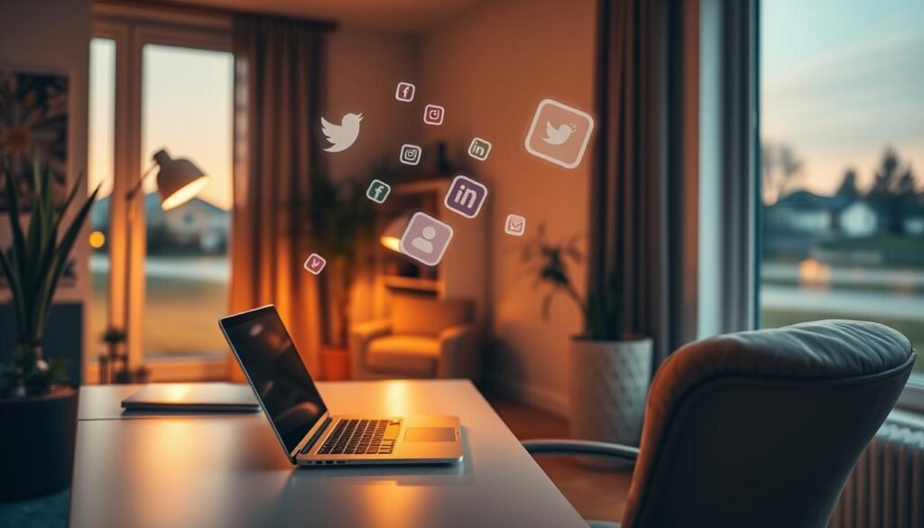 A cozy home office with a laptop, smartphone, and social media icons hovering in the air. The space is bathed in warm, ambient lighting, creating a relaxed and productive atmosphere. In the background, a large window overlooks a serene, suburban landscape, blending the digital and the natural worlds. The foreground features a comfortable office chair and a minimalist desk, hinting at the effortless way one can earn income from the comfort of their own home.
