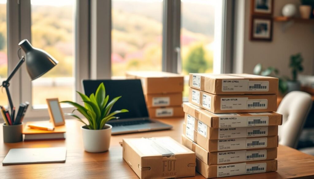 A cozy home office with a neatly organized desk, featuring a laptop, stationery, and a small potted plant. In the foreground, a stack of shipping boxes and returns labels stand prominently, conveying the practical reality of e-commerce. Soft, warm lighting casts a comforting glow, while a large window in the background offers a glimpse of a vibrant, natural landscape. The overall atmosphere exudes a sense of authenticity, balance, and the thoughtful management of a small business venture. A 50mm lens captures the scene with a shallow depth of field, emphasizing the key elements.