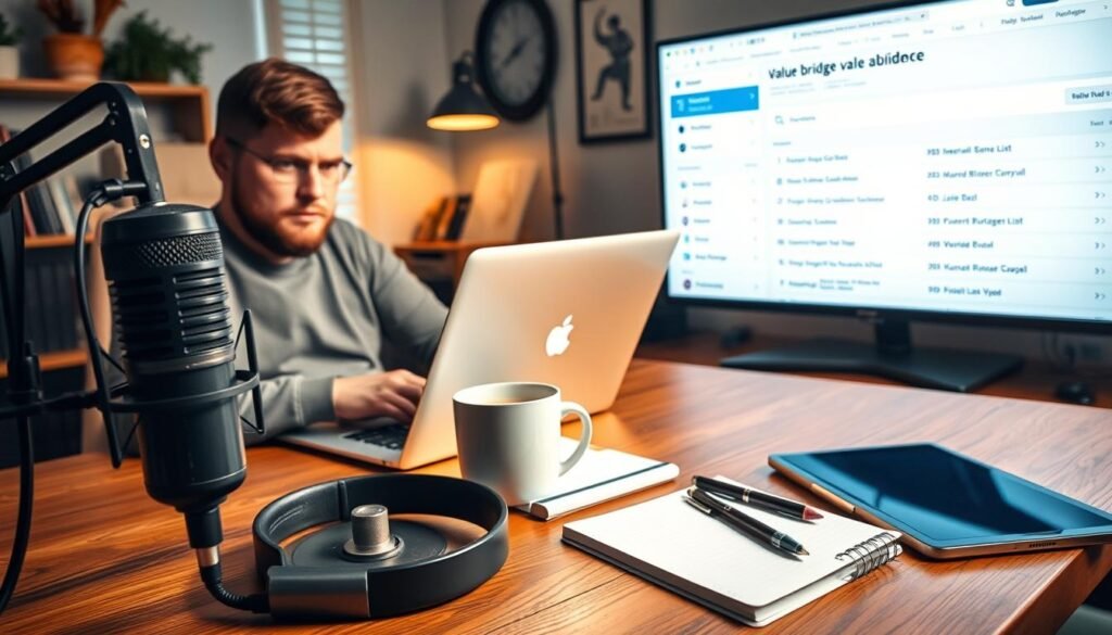 A cozy home office with a sleek laptop, a mug of coffee, and a thoughtful expression. In the foreground, an old-fashioned analog microphone and a pair of high-quality headphones, symbolizing the podcast creation process. The middle ground features a neatly organized desk with a notebook, a pen, and a tablet, representing the planning and content curation. In the background, a large screen displaying an email subscriber list, highlighting the value bridge strategy for building an engaged audience. Warm, natural lighting illuminates the scene, creating a productive and inviting atmosphere. A cozy home office with a sleek laptop, a mug of coffee, and a thoughtful expression. In the foreground, an old-fashioned analog microphone and a pair of high-quality headphones, symbolizing the podcast creation process. The middle ground features a neatly organized desk with a notebook, a pen, and a tablet, representing the planning and content curation. In the background, a large screen displaying an email subscriber list, highlighting the value bridge strategy for building an engaged audience. Warm, natural lighting illuminates the scene, creating a productive and inviting atmosphere.