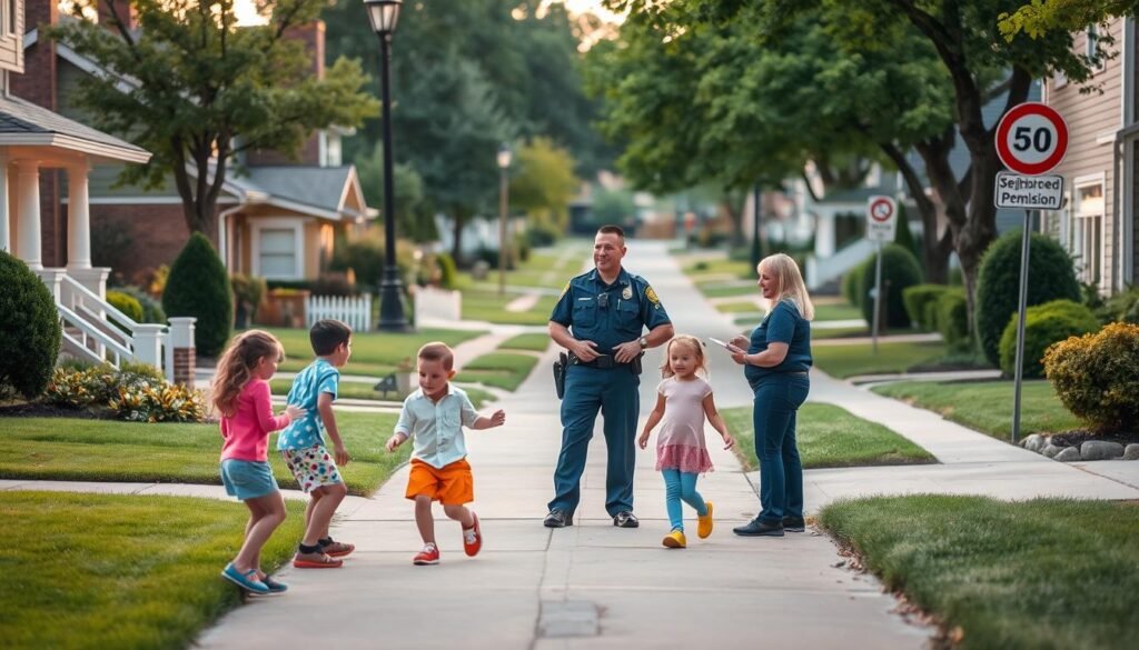 A cozy suburban neighborhood with well-manicured lawns and tidy houses. The foreground features a group of happy children playing on a neatly paved sidewalk, supervised by attentive parents. In the middle ground, a friendly local police officer converses with a homeowner, discussing safety protocols and neighborhood watch procedures. The background showcases a peaceful, tree-lined street with street signs clearly indicating speed limits and parking restrictions. Soft, warm lighting illuminates the scene, creating a sense of community and security. The overall atmosphere conveys a welcoming, family-friendly environment where local rules and safety permissions are thoughtfully observed. A cozy suburban neighborhood with well-manicured lawns and tidy houses. The foreground features a group of happy children playing on a neatly paved sidewalk, supervised by attentive parents. In the middle ground, a friendly local police officer converses with a homeowner, discussing safety protocols and neighborhood watch procedures. The background showcases a peaceful, tree-lined street with street signs clearly indicating speed limits and parking restrictions. Soft, warm lighting illuminates the scene, creating a sense of community and security. The overall atmosphere conveys a welcoming, family-friendly environment where local rules and safety permissions are thoughtfully observed.