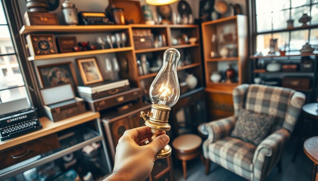 A cozy thrift store, its shelves brimming with eclectic finds: a vintage typewriter, a weathered leather suitcase, a collection of retro glassware, and a mid-century armchair, all bathed in the warm glow of natural light filtering through the storefront windows. In the foreground, a hand carefully examines a brass lamp, its intricate details sparkling under the soft illumination. The scene exudes a sense of discovery, as if each item holds the promise of untold stories and hidden value waiting to be uncovered by the discerning eye of the thrifter.