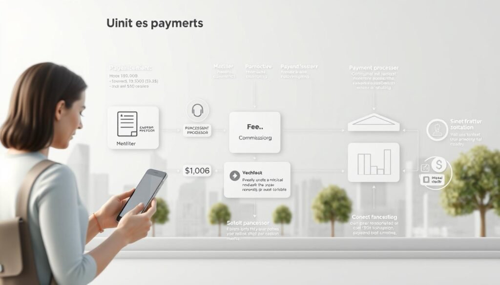 A detailed 3D illustration of a financial transaction showing the unit economics of a digital payment system. In the foreground, a consumer makes a purchase using a mobile device, with clear depictions of the various fees, commissions, and revenue streams involved. In the middle ground, data visualizations and infographics illustrate the flow of funds between the different stakeholders - merchant, payment processor, and financial institution. In the background, a minimalist cityscape provides context, with clean lines and a muted color palette to keep the focus on the financial details. Rendered with a photorealistic style, high-quality textures, and careful attention to lighting and perspective to convey a sense of clarity and professionalism.