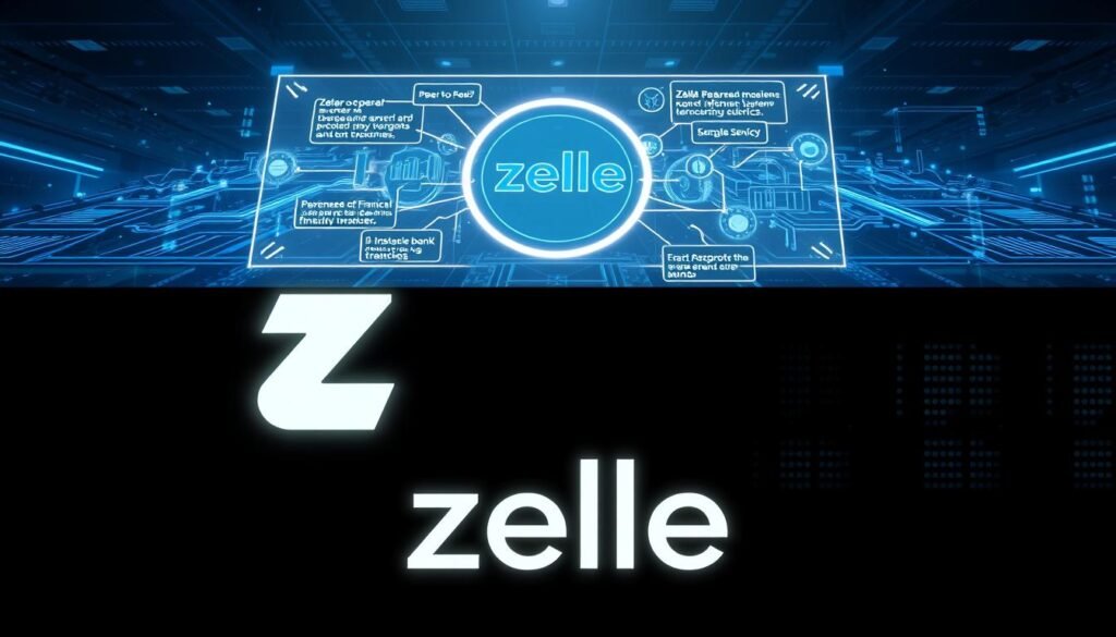 A detailed, futuristic illustration of Zelle's business model. In the foreground, a sleek, minimalist Zelle logo glowing against a dark background, conveying a sense of digital finance and innovation. In the middle ground, a complex, holographic visualization of Zelle's core revenue streams, including peer-to-peer transactions, instant bank transfers, and merchant services. Underlying it all, a backdrop of interconnected financial systems, data centers, and server racks, bathed in a cool, blue-tinted lighting to suggest the backbone of Zelle's infrastructure. The overall mood is one of technological sophistication, efficiency, and the seamless integration of Zelle's services into the modern financial landscape.
