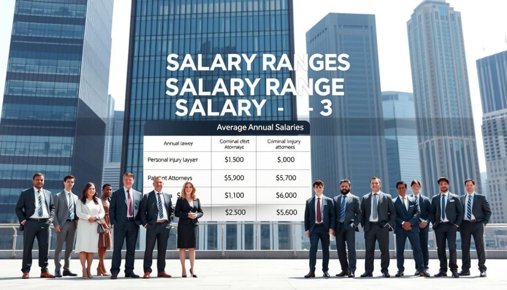 A detailed, high-resolution image depicting the salary ranges of various types of lawyers. The foreground showcases a group of well-dressed professionals, each representing a different legal specialty, standing in front of a large, modern office building. The middle ground features a sleek, minimalist infographic displaying the average annual salaries for corporate lawyers, criminal defense attorneys, personal injury lawyers, patent attorneys, and other legal professions. The background is a cityscape of skyscrapers, conveying a sense of urban prosperity and the lucrative nature of the legal industry. The lighting is crisp and bright, creating a professional, authoritative atmosphere. The overall composition is balanced and visually appealing, designed to clearly illustrate the key salary ranges and earning potential for different types of lawyers. A detailed, high-resolution image depicting the salary ranges of various types of lawyers. The foreground showcases a group of well-dressed professionals, each representing a different legal specialty, standing in front of a large, modern office building. The middle ground features a sleek, minimalist infographic displaying the average annual salaries for corporate lawyers, criminal defense attorneys, personal injury lawyers, patent attorneys, and other legal professions. The background is a cityscape of skyscrapers, conveying a sense of urban prosperity and the lucrative nature of the legal industry. The lighting is crisp and bright, creating a professional, authoritative atmosphere. The overall composition is balanced and visually appealing, designed to clearly illustrate the key salary ranges and earning potential for different types of lawyers.