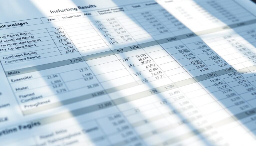 A detailed spreadsheet showing the underwriting results of various insurance companies, illuminated by soft, natural lighting and captured from a slightly elevated perspective. The data is displayed in a clear, organized manner, with key metrics such as loss ratios, combined ratios, and profitability prominently featured. The overall mood is one of analytical precision and financial acumen, inviting the viewer to delve deeper into the underlying factors shaping the insurance industry's performance.