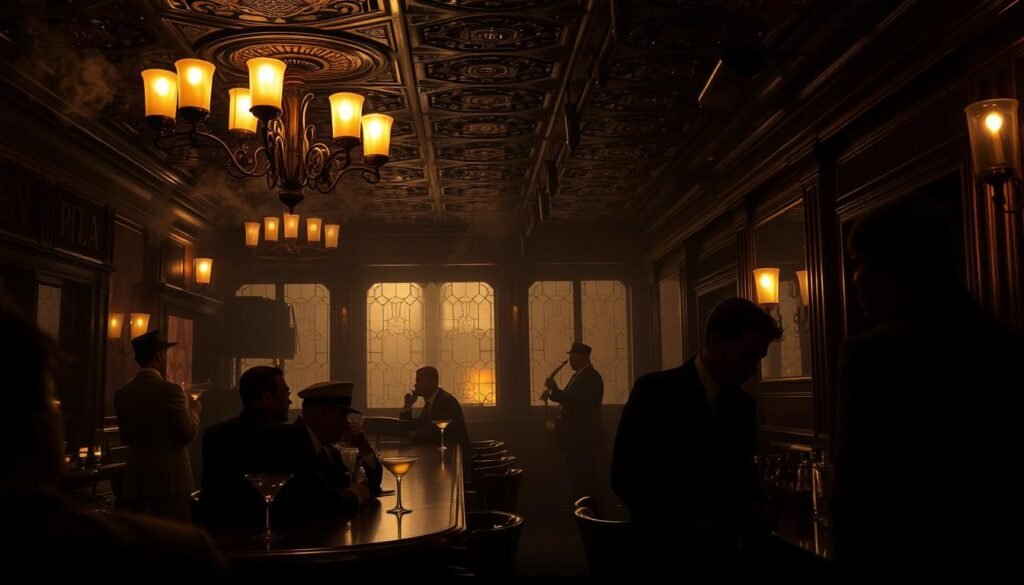 A dimly lit speakeasy in the heart of prohibition-era New York City. Elegant patrons in 1920s attire sip illicit cocktails at a polished mahogany bar, while a jazz quartet plays mellow tunes in the background. Overhead, a vintage chandelier casts a warm, amber glow, illuminating the ornate tin ceiling and the faint wisps of cigarette smoke. Shadowy figures linger in the corners, their faces obscured, hinting at the clandestine activities that thrive in the shadows of this illicit establishment. The atmosphere is one of decadence, danger, and the thrill of the forbidden.
