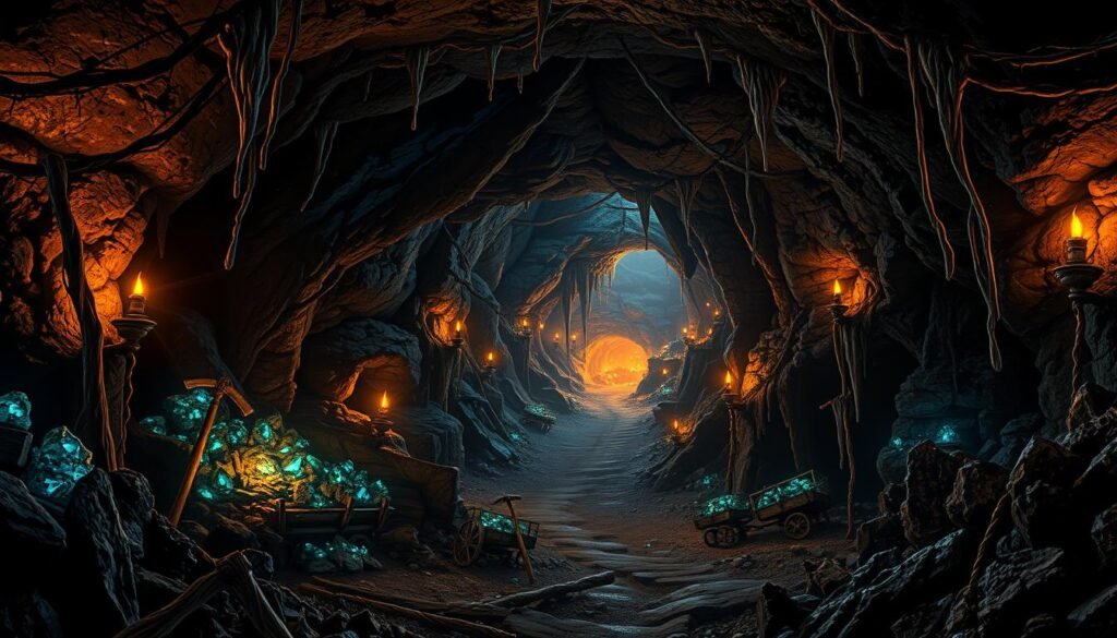 A dimly lit underground cavern, illuminated by the warm glow of torchlight. In the foreground, a rough-hewn mine shaft opens up, revealing a wealth of glittering gems and minerals embedded in the rocky walls. Stalactites hang overhead, casting long shadows across the scene. The middle ground is filled with piles of ore, pickaxes, and mining carts, hinting at the hard work of the miners. In the distance, a faint glow emanates from deeper within the cavern, suggesting the presence of valuable Iridium deposits. The atmosphere is one of gritty determination, as the player ventures into the depths in search of fortune and prosperity.