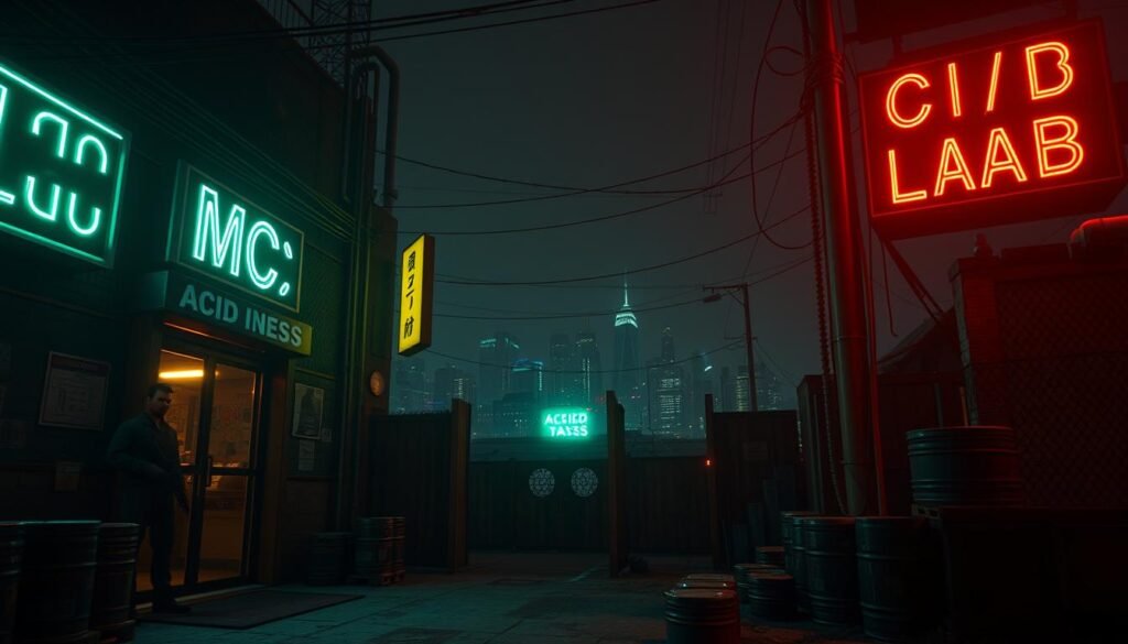 A dimly-lit urban landscape, with neon signs and shadows casting a moody atmosphere. In the foreground, the entrance to an MC business, its doors flanked by armed guards. Crates and barrels are stacked nearby, hinting at the illicit operations within. In the middle ground, the Acid Lab stands out, its eerie green glow casting an unsettling light. In the background, the skyline of Los Santos looms, a testament to the city's criminal underbelly. The scene is rendered in a cinematic, high-contrast style, with a shallow depth of field and a slightly desaturated color palette, conveying a sense of danger and unease. A dimly-lit urban landscape, with neon signs and shadows casting a moody atmosphere. In the foreground, the entrance to an MC business, its doors flanked by armed guards. Crates and barrels are stacked nearby, hinting at the illicit operations within. In the middle ground, the Acid Lab stands out, its eerie green glow casting an unsettling light. In the background, the skyline of Los Santos looms, a testament to the city's criminal underbelly. The scene is rendered in a cinematic, high-contrast style, with a shallow depth of field and a slightly desaturated color palette, conveying a sense of danger and unease.