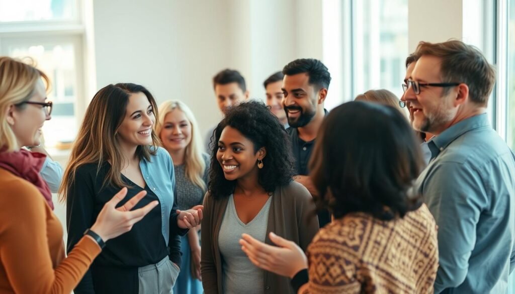 A diverse group of people, representing a range of ages, genders, and backgrounds, gathered in a bright, airy room with warm, natural lighting. They are engaged in lively conversation, some gesturing animatedly, others listening intently. The scene has a sense of inclusivity and camaraderie, capturing the essence of a welcoming and collaborative environment. The people's expressions convey a range of emotions, from curiosity and excitement to contemplation and understanding, reflecting the varied perspectives and experiences they bring to the table. The overall mood is one of openness, engagement, and the potential for meaningful exchange. A diverse group of people, representing a range of ages, genders, and backgrounds, gathered in a bright, airy room with warm, natural lighting. They are engaged in lively conversation, some gesturing animatedly, others listening intently. The scene has a sense of inclusivity and camaraderie, capturing the essence of a welcoming and collaborative environment. The people's expressions convey a range of emotions, from curiosity and excitement to contemplation and understanding, reflecting the varied perspectives and experiences they bring to the table. The overall mood is one of openness, engagement, and the potential for meaningful exchange.