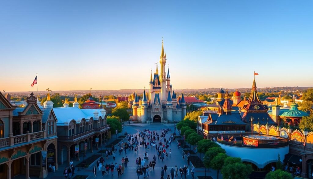A grand, expansive view of Disneyland Park, the iconic Disney theme park in Anaheim, California. The sun casts a warm, golden glow over the vibrant, whimsical landscape, highlighting the iconic Sleeping Beauty Castle as the centerpiece. In the foreground, guests stroll along Main Street, U.S.A., taking in the charming Victorian-era architecture and bustling atmosphere. The middle ground features the Matterhorn Bobsleds, the thrilling mountain-themed roller coaster, with its majestic peak towering above. In the background, the lush, verdant lands of Fantasyland and Tomorrowland stretch out, dotted with iconic attractions like the Jungle Cruise, Space Mountain, and the Haunted Mansion. The overall scene captures the timeless magic and wonder of Disneyland, a true icon of American theme park entertainment.