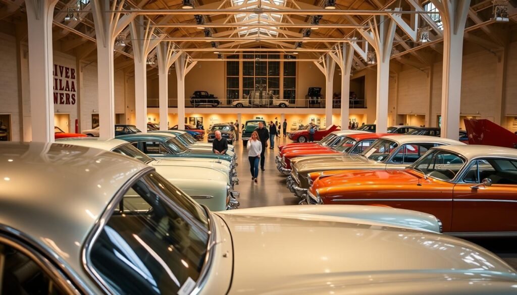 A grand museum of automotive dreams, showcasing John Staluppi's remarkable collection. The foreground features a lineup of gleaming vintage cars, their chrome and paint reflecting the soft, warm lighting. In the middle ground, visitors wander through the spacious galleries, admiring the meticulously curated exhibits. The background reveals the museum's striking architectural design, with high ceilings, large windows, and a sense of grandeur that evokes the golden age of American automotive engineering. The overall mood is one of wonder, nostalgia, and a celebration of the enduring allure of the automobile. A grand museum of automotive dreams, showcasing John Staluppi's remarkable collection. The foreground features a lineup of gleaming vintage cars, their chrome and paint reflecting the soft, warm lighting. In the middle ground, visitors wander through the spacious galleries, admiring the meticulously curated exhibits. The background reveals the museum's striking architectural design, with high ceilings, large windows, and a sense of grandeur that evokes the golden age of American automotive engineering. The overall mood is one of wonder, nostalgia, and a celebration of the enduring allure of the automobile.