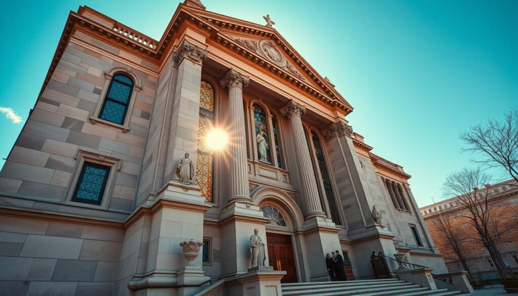 A grand stone edifice, its facade adorned with carved statues and intricate architectural details, stands proudly against a clear blue sky. Sunlight filters through towering stained-glass windows, casting a warm, reverent glow upon the marble floors and polished mahogany furnishings within. A sense of timeless stability and institutional authority pervades the scene, conveying the weight and significance of the "501(c)(3)" status this establishment proudly upholds. The image evokes a mood of solemnity, tradition, and the gravitas associated with maintaining one's non-profit standing while navigating the complexities of revenue generation.