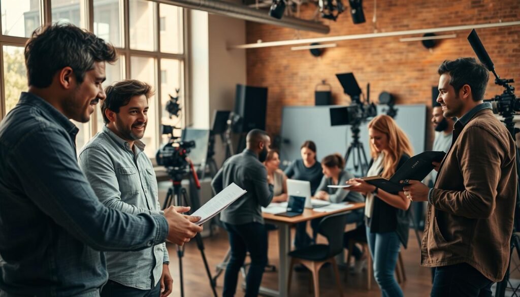 A group of diverse content creators - filmmakers, actors, writers - collaborating in a modern, well-lit studio. Warm, natural lighting filters through large windows, casting a soft glow on their faces as they review scripts and discuss projects. In the foreground, a producer and director shake hands, sealing a deal. In the middle ground, a small team brainstorms ideas around a conference table. The background showcases an array of professional cameras, lighting equipment, and other production tools, hinting at the technical expertise behind the scenes. An atmosphere of creativity, partnership, and mutual success pervades the space.