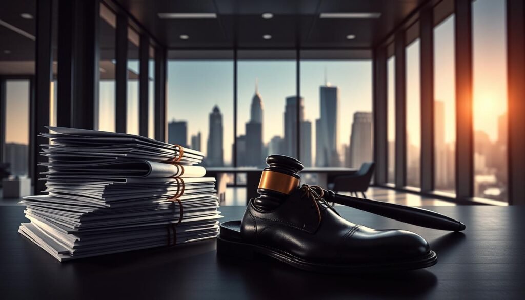 A high-contrast, cinematic scene depicting the key factors influencing attorney salaries. In the foreground, a stack of legal documents, a gavel, and a pair of well-polished dress shoes, symbolizing the educational and professional credentials that drive higher earnings. In the middle ground, a sleek, modern office with floor-to-ceiling windows, hinting at the importance of working at prestigious law firms. In the background, a cityscape of towering skyscrapers, conveying the lucrative nature of corporate law practice. Dramatic lighting casts long shadows, creating a sense of gravitas and high-stakes decision-making. The overall mood is one of power, prestige, and the potential for substantial financial rewards in the legal profession. A high-contrast, cinematic scene depicting the key factors influencing attorney salaries. In the foreground, a stack of legal documents, a gavel, and a pair of well-polished dress shoes, symbolizing the educational and professional credentials that drive higher earnings. In the middle ground, a sleek, modern office with floor-to-ceiling windows, hinting at the importance of working at prestigious law firms. In the background, a cityscape of towering skyscrapers, conveying the lucrative nature of corporate law practice. Dramatic lighting casts long shadows, creating a sense of gravitas and high-stakes decision-making. The overall mood is one of power, prestige, and the potential for substantial financial rewards in the legal profession.