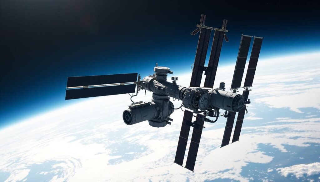 A high-fidelity, photorealistic image of the International Space Station, capturing its intricate structure and the vastness of the cosmos surrounding it. The station is shown in mid-orbit, illuminated by the soft, diffuse light of Earth's atmosphere in the background. The image is framed from a slightly elevated angle, showcasing the station's solar panels, scientific modules, and docking ports in crisp detail. The scene conveys a sense of awe and technological prowess, reflecting the cutting-edge capabilities of modern space exploration and the vital role the International Space Station plays in government and defense contracts. A high-fidelity, photorealistic image of the International Space Station, capturing its intricate structure and the vastness of the cosmos surrounding it. The station is shown in mid-orbit, illuminated by the soft, diffuse light of Earth's atmosphere in the background. The image is framed from a slightly elevated angle, showcasing the station's solar panels, scientific modules, and docking ports in crisp detail. The scene conveys a sense of awe and technological prowess, reflecting the cutting-edge capabilities of modern space exploration and the vital role the International Space Station plays in government and defense contracts.
