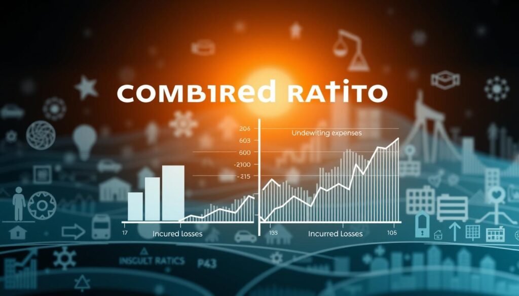 A highly detailed infographic depicting the key metric of "combined ratio" in the insurance industry. The foreground features a sleek, modern visualization of the ratio's components - underwriting expenses and incurred losses - displayed as polished data visualizations. The middle ground showcases relevant financial data and trend lines, conveying the metric's real-world application and significance. The background is a stylized landscape of insurance-related icons and symbolic elements, creating a professional, authoritative atmosphere. Subtle lighting and depth-of-field techniques lend a sense of depth and sophistication. The overall composition strikes a balance between analytical precision and aesthetic appeal, reflecting the nuances of measuring insurer performance.