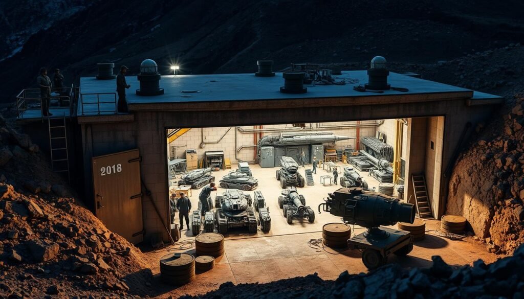 A large, well-fortified concrete bunker nestled in a rugged, mountainous landscape. The bunker's entrance is secured with heavy steel doors, and armed guards stand watch on the rooftop turrets. Inside, a bustling production facility hums with activity as workers assemble and test an array of advanced weaponry and military equipment. Bright industrial lighting illuminates the scene, casting long shadows and creating an atmosphere of controlled chaos. The attention to detail, from the weathered exterior to the precision engineering of the munitions, conveys a sense of purpose and efficiency in this remote, self-contained weapons production hub.