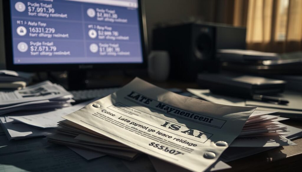 A late payment notice lies on a cluttered desk, casting a long shadow across a stack of bills and financial documents. The lighting is harsh, creating a sense of tension and unease. In the background, a blurred computer screen displays overdue payment reminders, emphasizing the digital nature of modern financial transactions. The overall scene conveys the stress and frustration of dealing with unexpected late fees, a common experience for many consumers navigating the complexities of Klarna's flexible payment options.