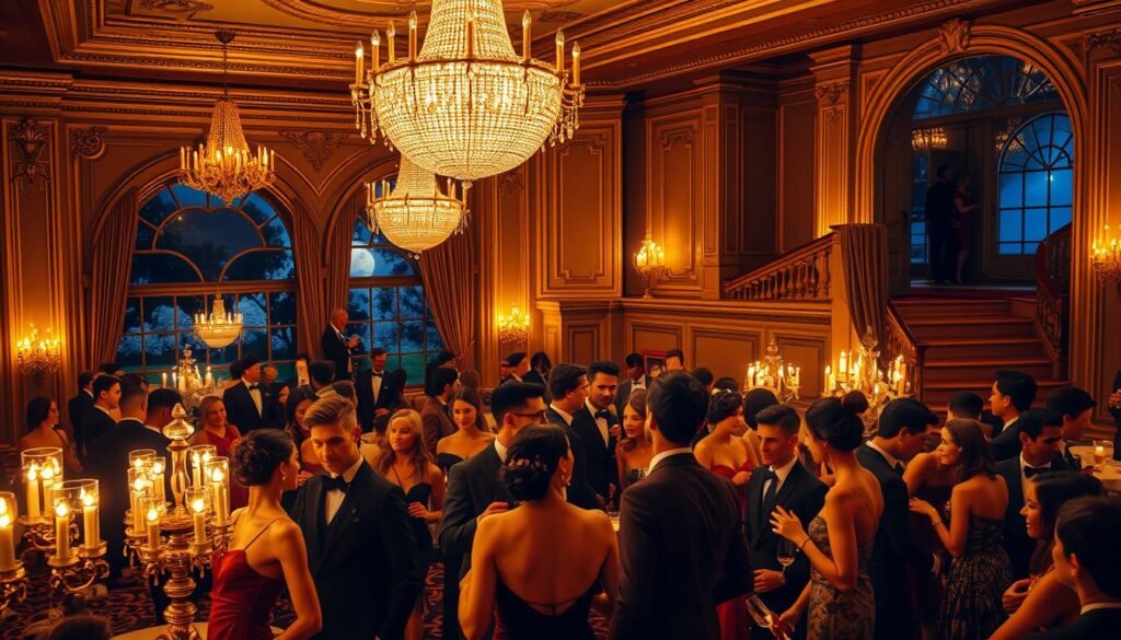 A lavish ballroom in the Roaring Twenties, opulent and gilded, bathed in the warm glow of crystal chandeliers. Guests in elegant evening attire mingle and sway to the rhythmic jazz music, indulging in champagne and revelry. In the foreground, a group of dashing young men and alluring women engage in lively conversation, their laughter and gestures capturing the carefree spirit of the era. The scene is framed by grand arched windows, revealing a moonlit garden outside, and a sweeping staircase leading to the upper levels, hinting at the hidden luxuries that lie beyond. The atmosphere is one of extravagance, indulgence, and a palpable sense of decadence that befits the lifestyle of the wealthy elite.