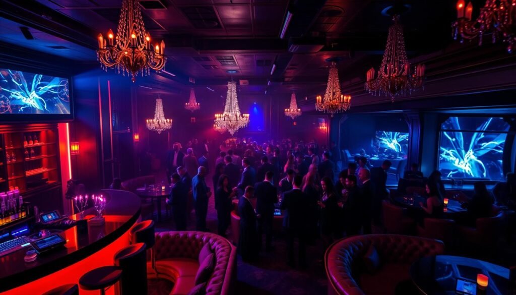 A lively nightclub interior with a pulsing dance floor, the beat of electronic music vibrating through the air. Neon-lit bar and plush lounge seating in the foreground, elegant chandeliers casting a warm glow overhead. Shadowy corners and alcoves in the middle ground, hinting at private conversations and hidden indulgences. The background filled with a dynamic crowd of well-dressed patrons, capturing the energy and excitement of a premium nightlife experience. High-contrast lighting, moody atmosphere, and a sense of exclusivity and luxury pervading the scene. Cinematic camera angle that draws the viewer into the heart of the nightclub's alluring ambiance.
