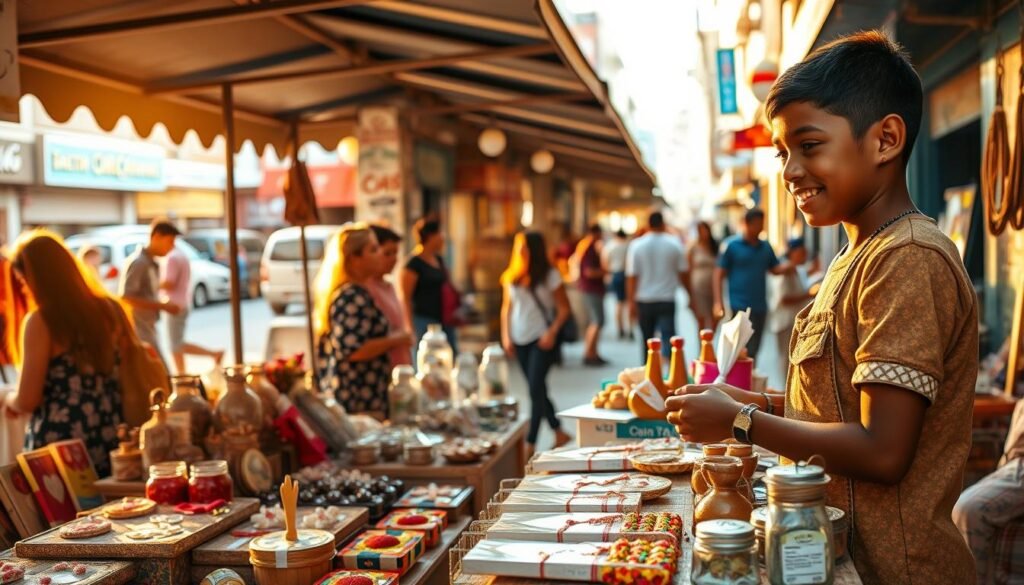 A lively outdoor market scene, with a 12-year-old entrepreneur showcasing an array of homemade crafts, baked goods, and small trinkets on a neatly arranged stand. Warm afternoon sunlight filters through the stalls, casting soft shadows and creating a welcoming ambiance. In the middle ground, potential customers browse the wares, engaged in friendly discussions with the young seller. The background features a bustling street lined with colorful shops and passersby, suggesting a vibrant neighborhood setting. The overall mood is one of industrious determination, entrepreneurial spirit, and a sense of community.