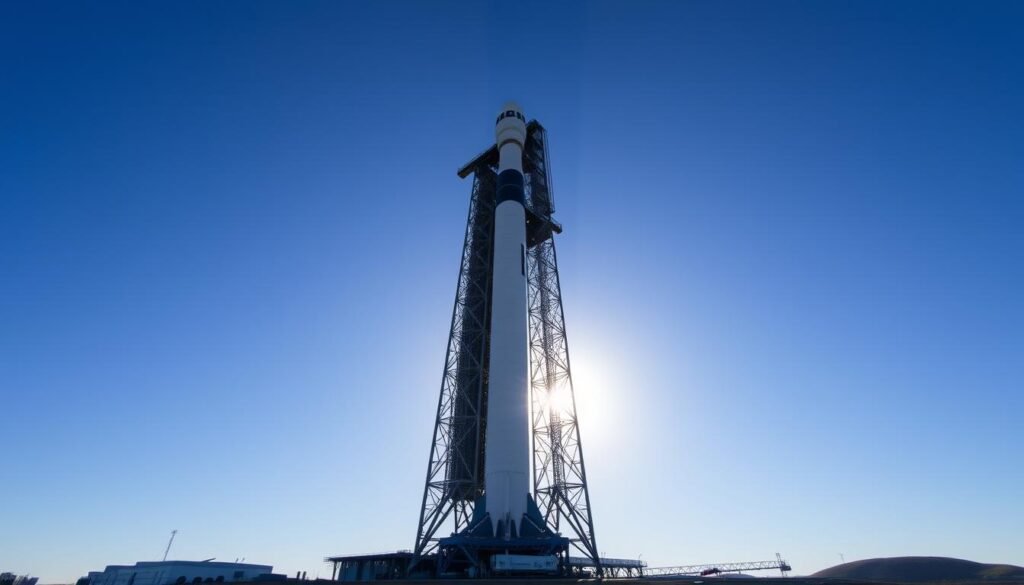 A majestic Falcon 9 rocket, its towering metal frame gleaming in the sunlight, stands poised on the launch pad, ready to propel its payload skyward. The rocket's sleek, aerodynamic design and powerful engines evoke a sense of technological prowess and human ingenuity. In the middle ground, the launch tower's intricate framework casts long shadows, adding depth and texture to the scene. In the background, a clear blue sky stretches out, emphasizing the vastness of space and the ambitious nature of the upcoming mission. The overall mood is one of awe and anticipation, capturing the essence of SpaceX's relentless pursuit of innovation and exploration. A majestic Falcon 9 rocket, its towering metal frame gleaming in the sunlight, stands poised on the launch pad, ready to propel its payload skyward. The rocket's sleek, aerodynamic design and powerful engines evoke a sense of technological prowess and human ingenuity. In the middle ground, the launch tower's intricate framework casts long shadows, adding depth and texture to the scene. In the background, a clear blue sky stretches out, emphasizing the vastness of space and the ambitious nature of the upcoming mission. The overall mood is one of awe and anticipation, capturing the essence of SpaceX's relentless pursuit of innovation and exploration.