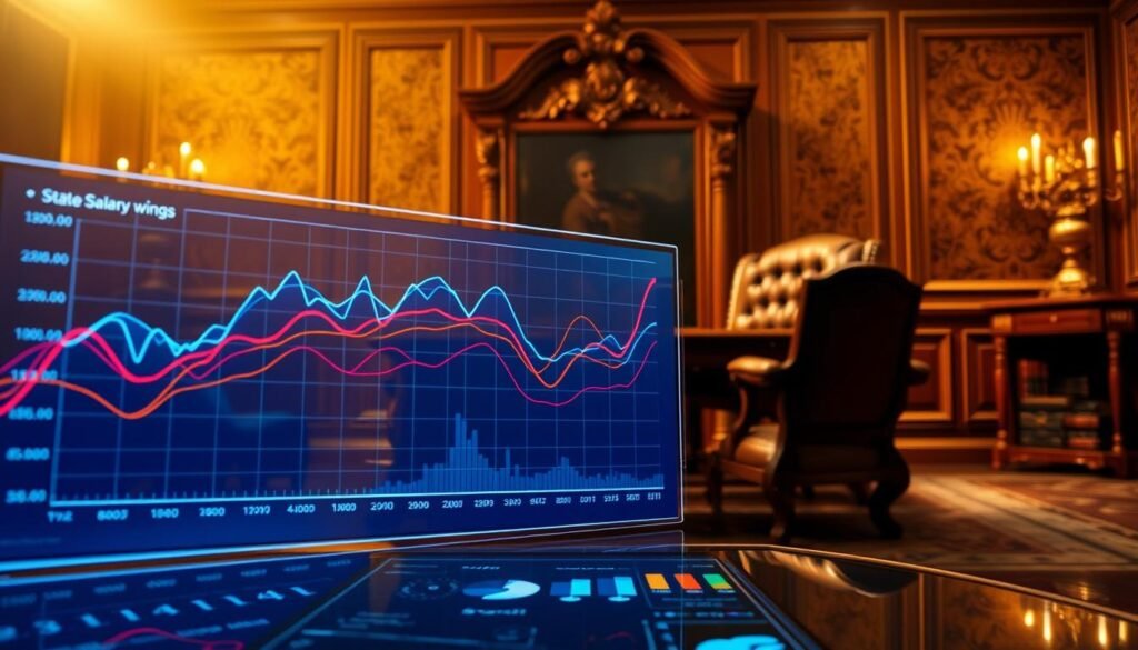 A meticulously detailed data visualization showcasing "state salary swings" against a backdrop of a richly textured, stately office setting. In the foreground, a sleek, holographic dashboard displays a dynamic line graph charting the fluctuations in average salaries across various U.S. states, the curves undulating with vibrant hues. The middle ground features an ornate, mahogany desk with a leather executive chair, evoking a sense of authority and professionalism. The background is bathed in warm, directional lighting, casting a golden glow over the scene and highlighting the depth and grandeur of the opulent setting. The overall atmosphere conveys a sense of informed decision-making and strategic analysis in the pursuit of the most lucrative career paths.