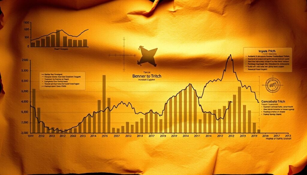 A meticulously detailed financial chart, rendered in a sophisticated, vintage style. The foreground features a central line graph depicting the cyclical "Benner to Tritch" investment pattern, with distinct peaks and valleys. The middle ground showcases a series of smaller supporting graphs and data visualizations, arranged in a harmonious layout. In the background, a subtly textured parchment-like surface evokes an aged, well-studied document. Warm lighting casts subtle shadows, creating depth and a sense of timelessness. The overall composition conveys a profound understanding of market trends and the enduring wisdom of historical financial models. A meticulously detailed financial chart, rendered in a sophisticated, vintage style. The foreground features a central line graph depicting the cyclical "Benner to Tritch" investment pattern, with distinct peaks and valleys. The middle ground showcases a series of smaller supporting graphs and data visualizations, arranged in a harmonious layout. In the background, a subtly textured parchment-like surface evokes an aged, well-studied document. Warm lighting casts subtle shadows, creating depth and a sense of timelessness. The overall composition conveys a profound understanding of market trends and the enduring wisdom of historical financial models.