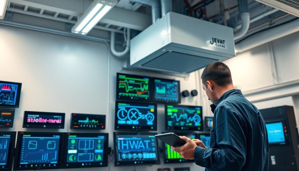 A modern HVAC control room, with technicians monitoring a bank of digital displays showing system parameters and performance metrics. The space is well-lit, with a clean, industrial aesthetic and a focus on efficiency and optimization. In the foreground, a technician analyzes a tablet interface, adjusting settings to fine-tune the system. Overhead, a sophisticated climate control unit hums quietly, its advanced sensors and algorithms regulating temperature, humidity, and air flow. The overall atmosphere conveys a sense of technological mastery, with the HVAC operations running like a well-oiled machine. A modern HVAC control room, with technicians monitoring a bank of digital displays showing system parameters and performance metrics. The space is well-lit, with a clean, industrial aesthetic and a focus on efficiency and optimization. In the foreground, a technician analyzes a tablet interface, adjusting settings to fine-tune the system. Overhead, a sophisticated climate control unit hums quietly, its advanced sensors and algorithms regulating temperature, humidity, and air flow. The overall atmosphere conveys a sense of technological mastery, with the HVAC operations running like a well-oiled machine.