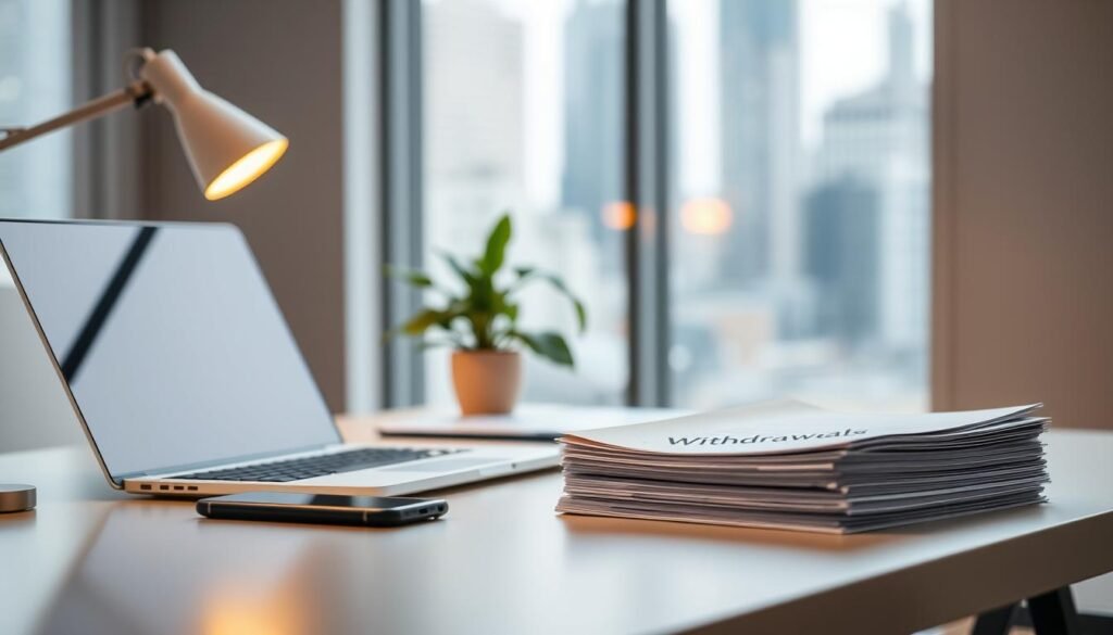 A modern office scene with a sleek, minimalist desk setup. On the desk, a laptop, a smartphone, and a stack of documents labeled "Withdrawals." The foreground is well-lit, with a warm, soft glow from a desk lamp. The middle ground features a potted plant and a clean, organized workspace. The background is slightly blurred, suggesting a view of an urban cityscape through a large window. The overall mood is one of efficiency, professionalism, and financial security. A modern office scene with a sleek, minimalist desk setup. On the desk, a laptop, a smartphone, and a stack of documents labeled "Withdrawals." The foreground is well-lit, with a warm, soft glow from a desk lamp. The middle ground features a potted plant and a clean, organized workspace. The background is slightly blurred, suggesting a view of an urban cityscape through a large window. The overall mood is one of efficiency, professionalism, and financial security.