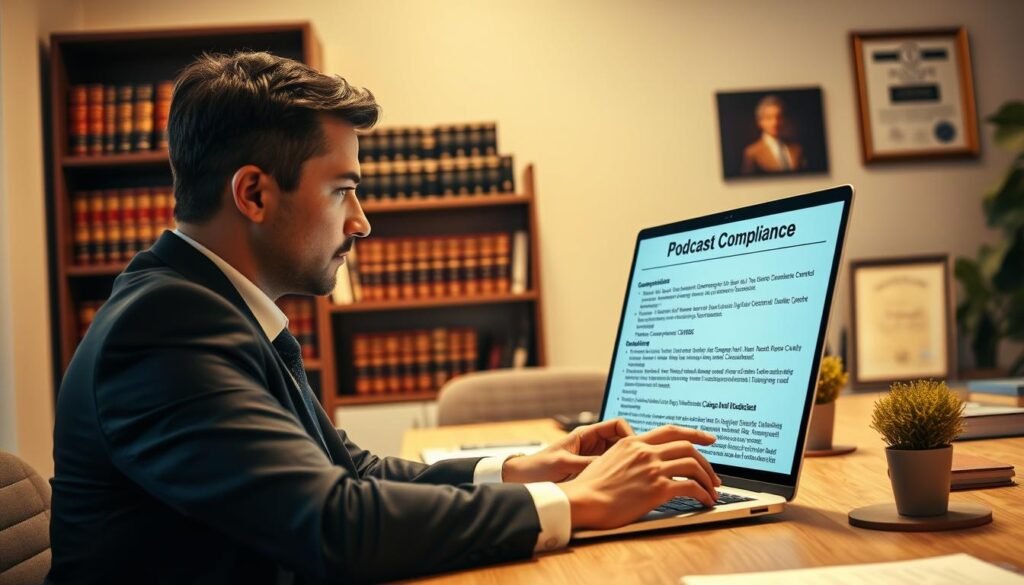 A modern office setting with a businessperson sitting at a desk, intently focused on a laptop screen displaying compliance guidelines and regulations. The lighting is warm and inviting, casting a soft glow across the scene. In the background, a bookshelf filled with legal tomes and a framed certificate of authenticity suggest an atmosphere of professionalism and trust. The angle is slightly elevated, giving a sense of authority and attention to detail. The overall mood conveys a sense of diligence, responsibility, and adherence to industry standards, capturing the essence of "podcast compliance." A modern office setting with a businessperson sitting at a desk, intently focused on a laptop screen displaying compliance guidelines and regulations. The lighting is warm and inviting, casting a soft glow across the scene. In the background, a bookshelf filled with legal tomes and a framed certificate of authenticity suggest an atmosphere of professionalism and trust. The angle is slightly elevated, giving a sense of authority and attention to detail. The overall mood conveys a sense of diligence, responsibility, and adherence to industry standards, capturing the essence of "podcast compliance."